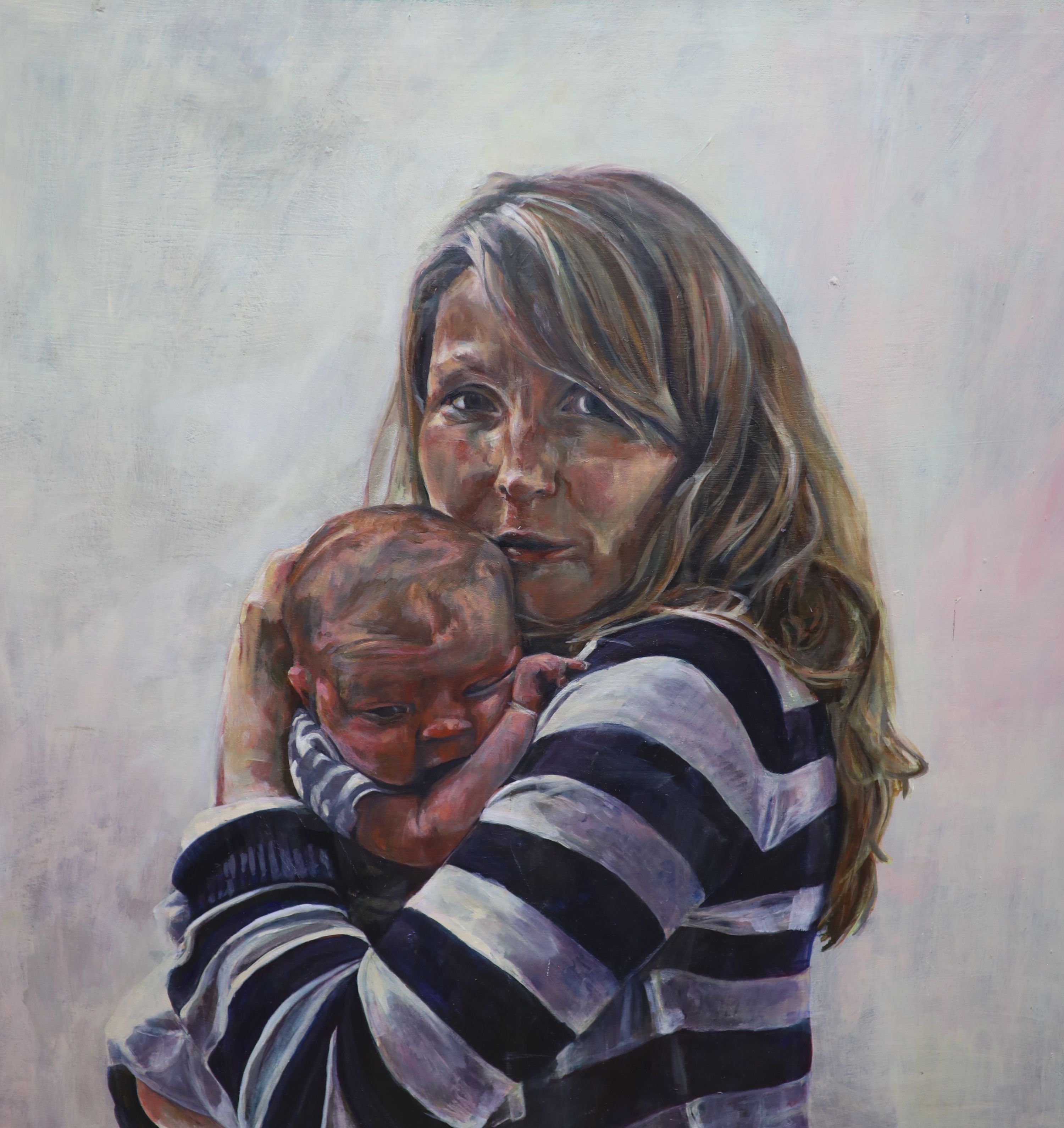 Linda de Canha Payne, Portrait of a woman and child, Mall Galleries label verso, Hesketh Hubbard exhibition, signed and dated 2012 verso, 102 x 102cm
